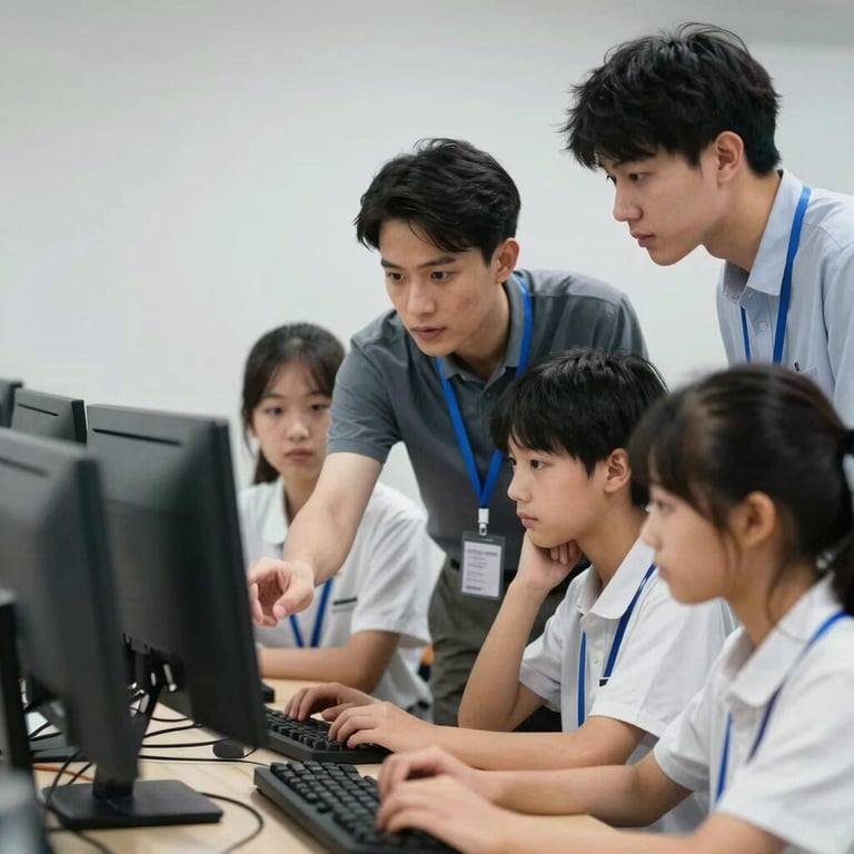An instructor helping a small group of students around a computer, illustrating professional teamwork and guidance.