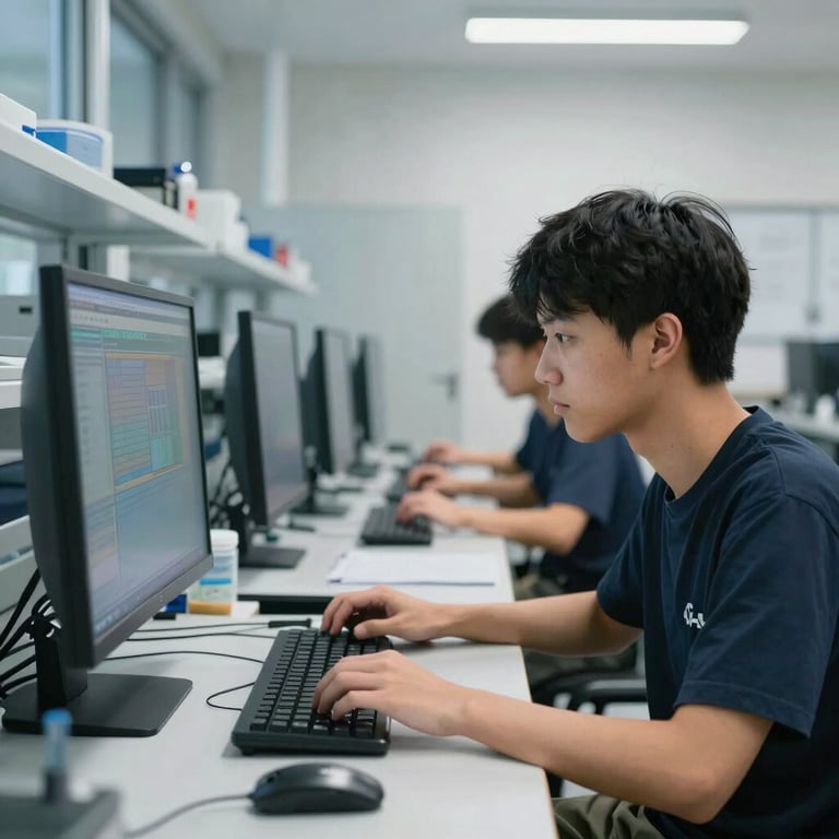 A focused student working on a high-end computer workstation in a clean, modern North American lab environment.