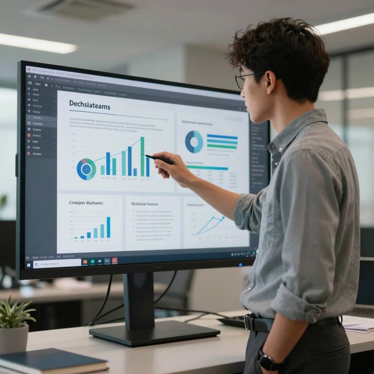 A student in business casual attire presenting a digital project on a large high-definition monitor.