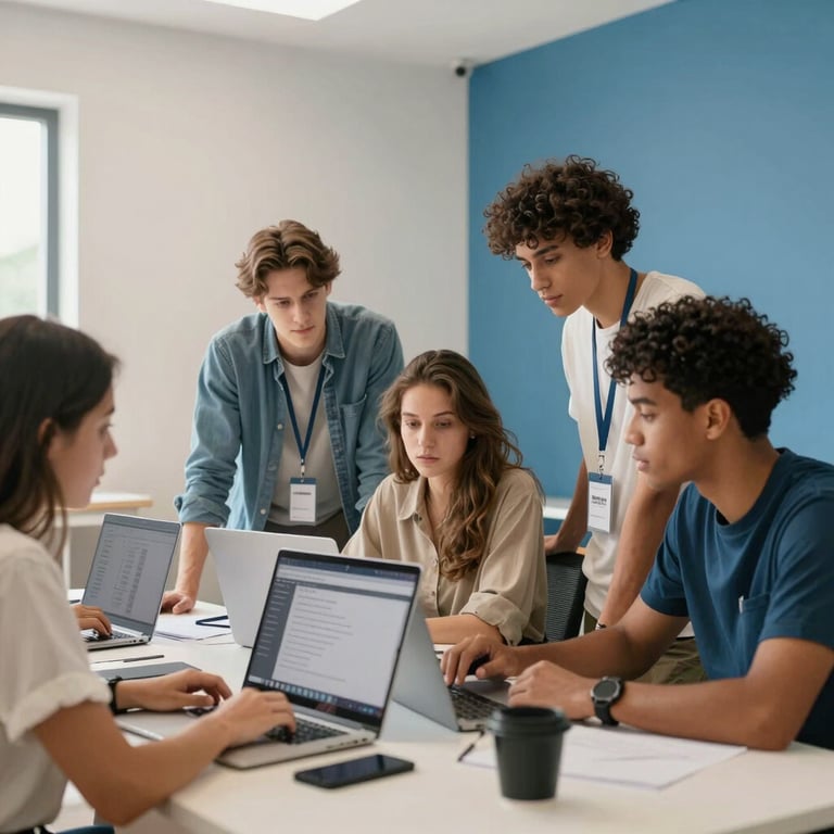 A group of diverse learners collaborating on a software project in a bright room with off-white and medium blue decor.