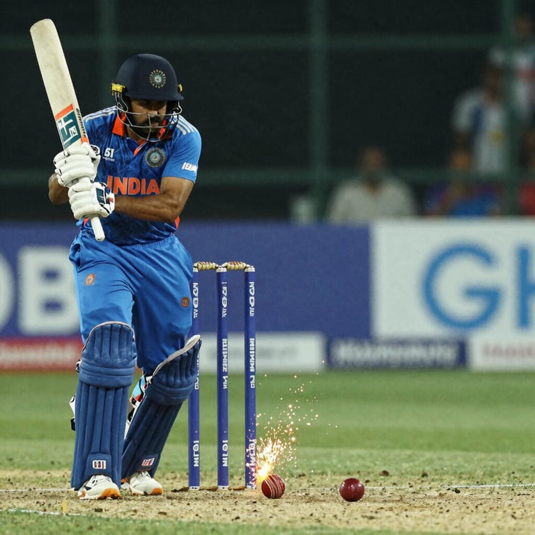 A close-up action shot of a cricket ball hitting the stumps with sparks flying at a night stadium in India.