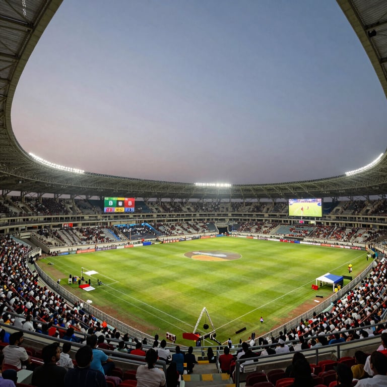 A wide shot of a crowded, illuminated stadium in South Asia during a major sporting event at twilight.