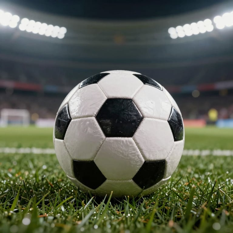 Dramatic lighting on a soccer ball resting on the grass of a professional field under stadium lights.
