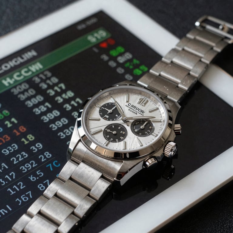 Macro shot of a high-end luxury watch next to a digital tablet showing horse racing results.