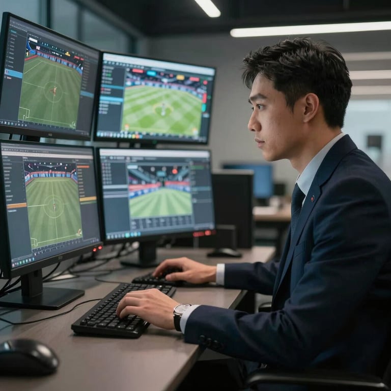 A professional analyst in a sharp suit using multiple monitors displaying sports data in a sleek, dark office.