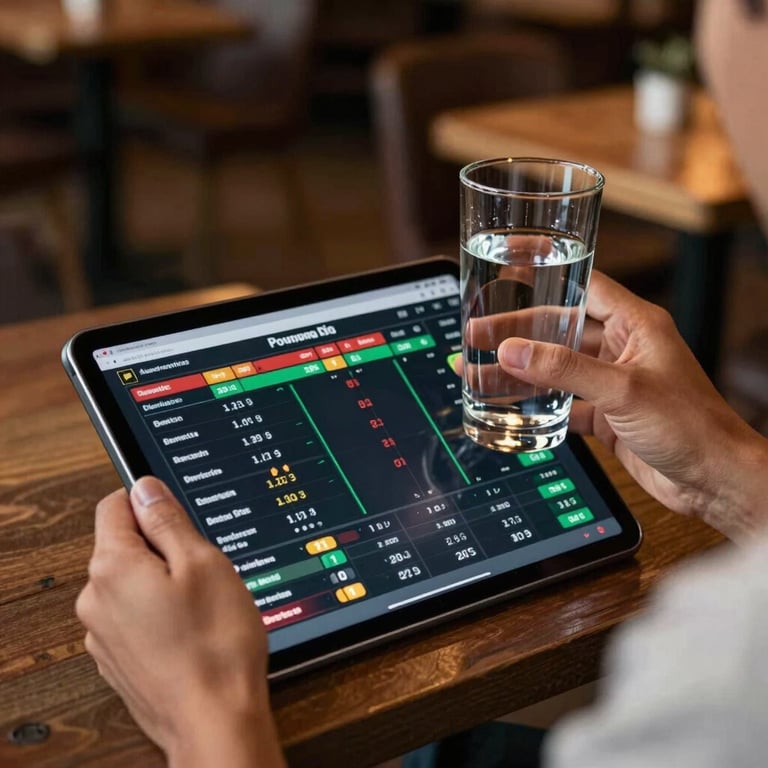 A person in a premium sports club holding a glass of water, focused on a tablet showing live betting charts.