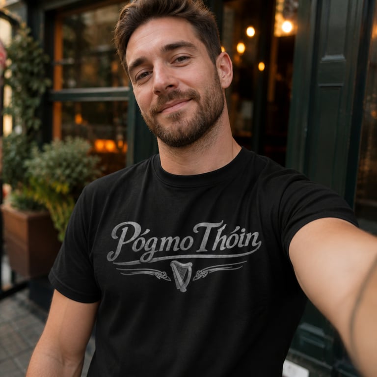A man smiling outdoors while wearing a black Póg mo Thóin graphic t-shirt with a celtic harp.