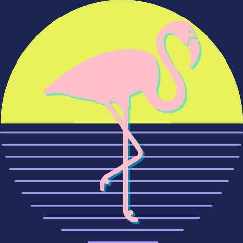 a flamingo standing in the water with a sun setting
