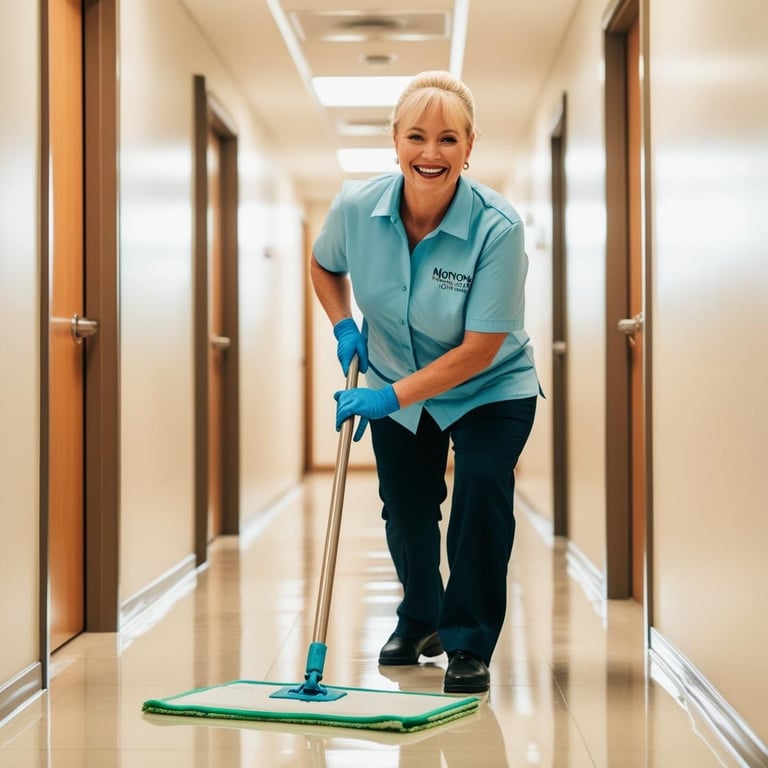 A smiling professional female cleaner mopping a bright office hallway with a commercial microfiber mop.
