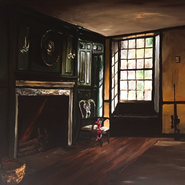 a painting of a room with a chair and sniper rifle
