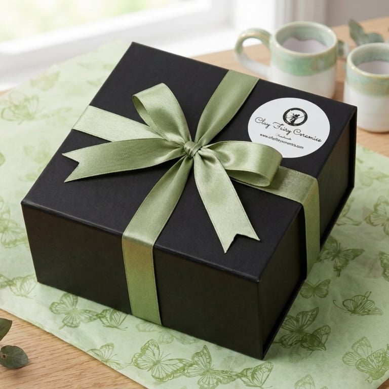 Gift-wrapped Irish pottery in luxury black box with green ribbon for international tracked shipping