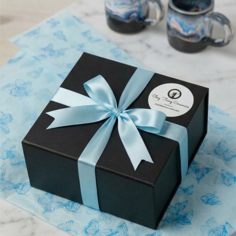 Gift-wrapped Irish pottery in a luxury black box with blue ribbon for international tracked shipping