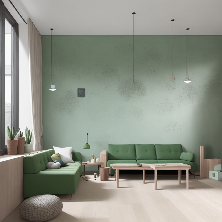 a living room with a green couch and a green couch