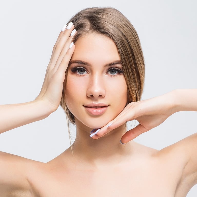 Beautiful young girl with smooth skin on a light background with natural make-up