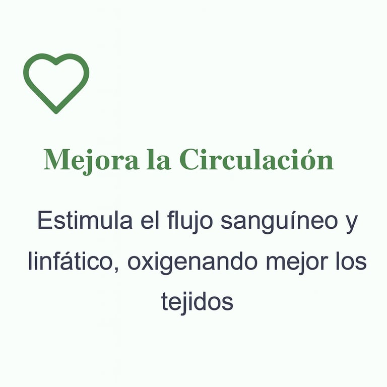 Mejora la circulación estimulando el flujo sanguineo y linfatico, oxigenando mejor los tejidos