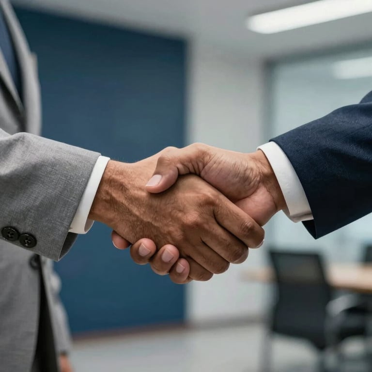 A close-up of a professional handshake between two people in South Asian / Indian corporate attire, set against a blurred modern office background with dark blue accents.