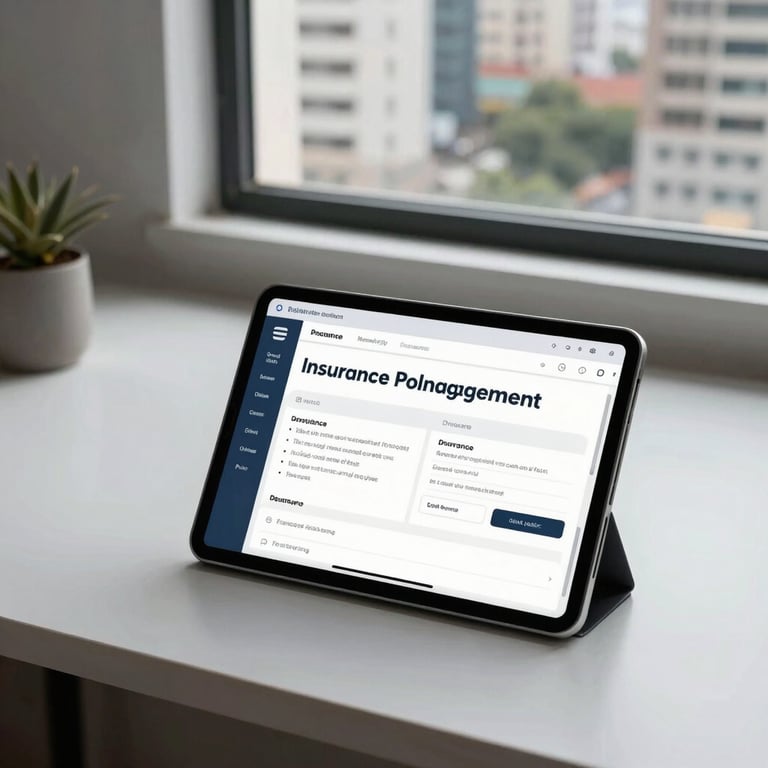 A clean, minimalist desk setup featuring a tablet displaying an insurance policy management interface, with a view of a bustling Indian city through a window.