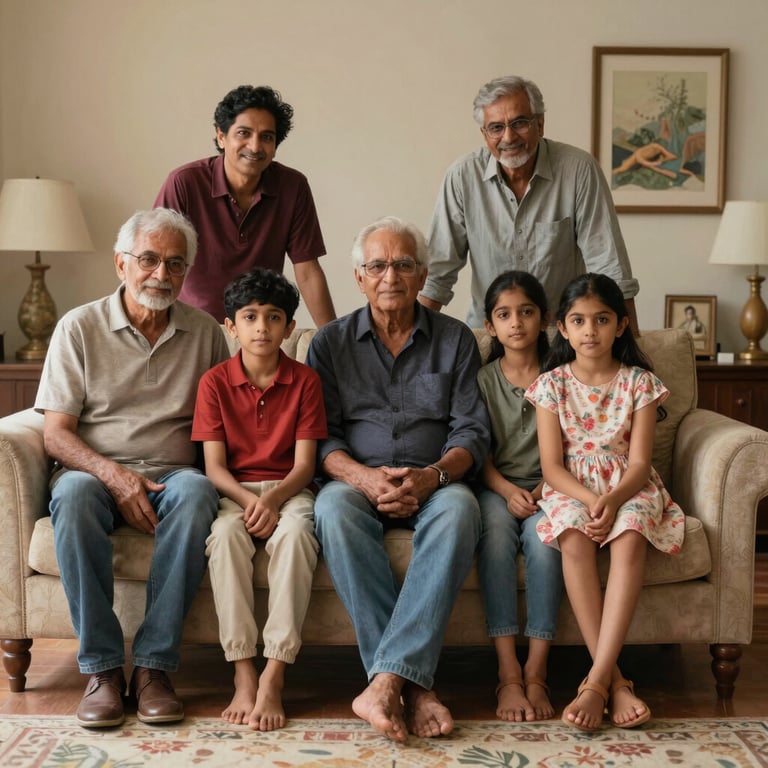 A multi-generational South Asian / Indian family sitting together in a comfortable living room, suggesting a sense of safety and financial well-being.