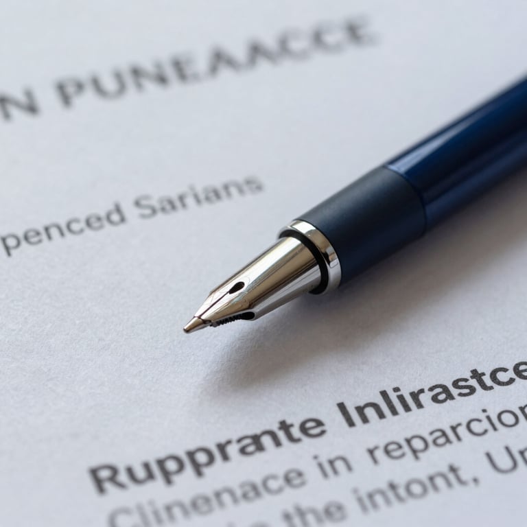 Macro photography of a sleek pen resting on insurance documents with a focused, professional atmosphere, using a palette of very light gray and dark blue.