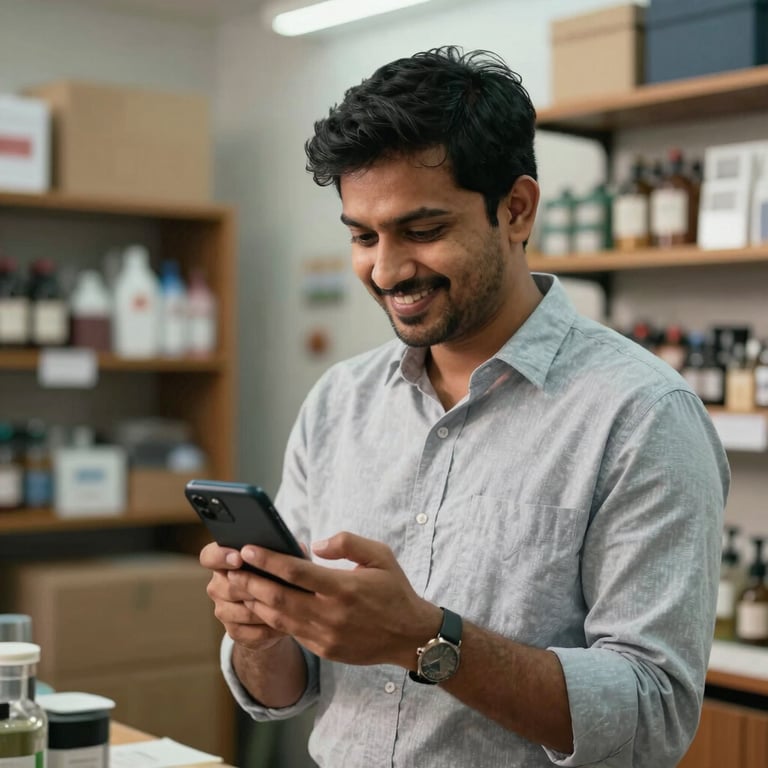 A South Asian / Indian business owner in a workshop or small retail setting, smiling while looking at a mobile phone, representing small business security.