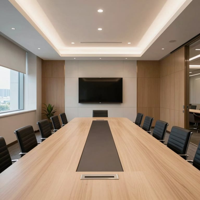 An interior shot of a modern, well-lit conference room in a financial hub in Maharashtra, featuring clean lines and a professional, sophisticated mood.
