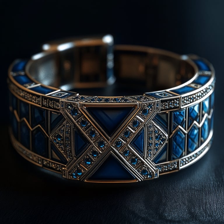 Art Deco Bracelet Example. Geometric Lines, Blue Rhinestones