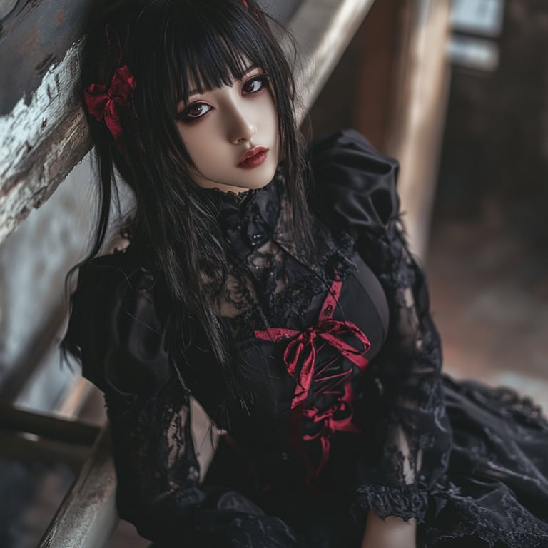 Goth Asian Outfit ideas: Black Lace Dress with Red Ribbons