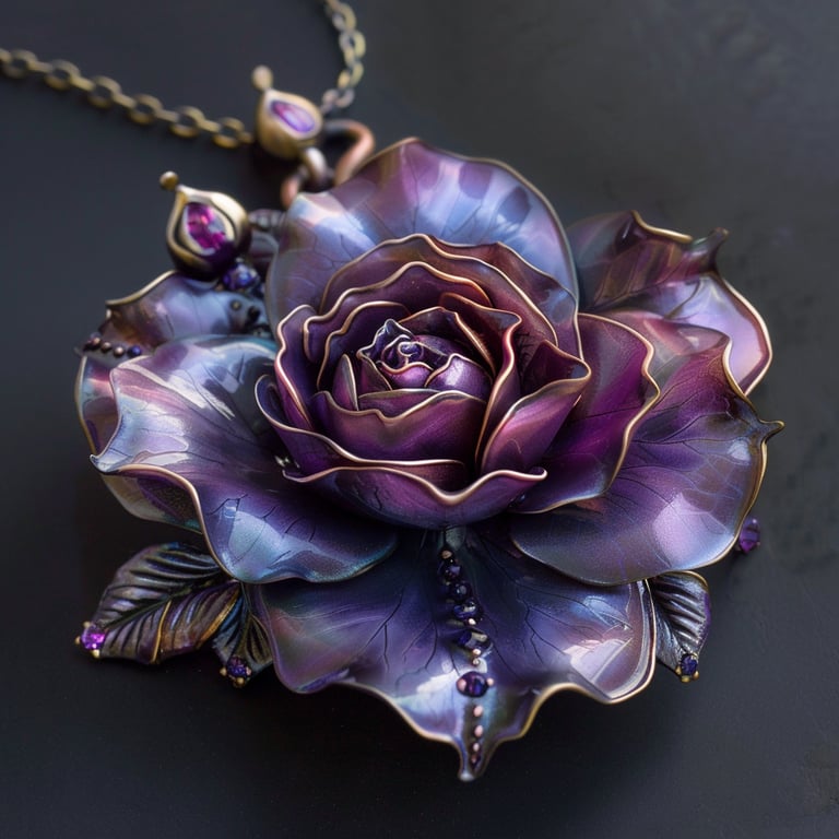 Flower and Jewelry. Purple Floral Enamel Necklace. Rose Flower Pendant