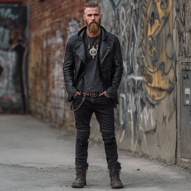 Viking Inspired Modern Look. Leather Jacket and Heavy Pendants