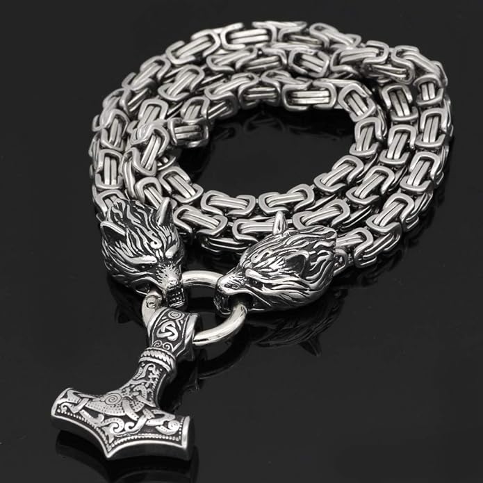Men Viking Wolf Head Pendant Necklace . Heavy Duty Stainless Steel Chain