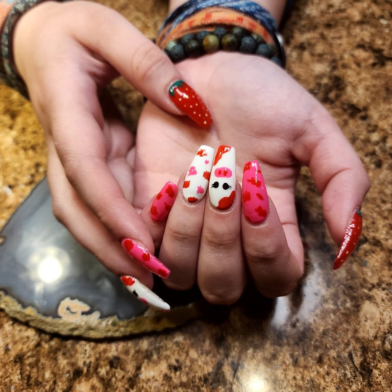 Cut strawberry white and red acrylic and gel nail art by Alex in Missoula