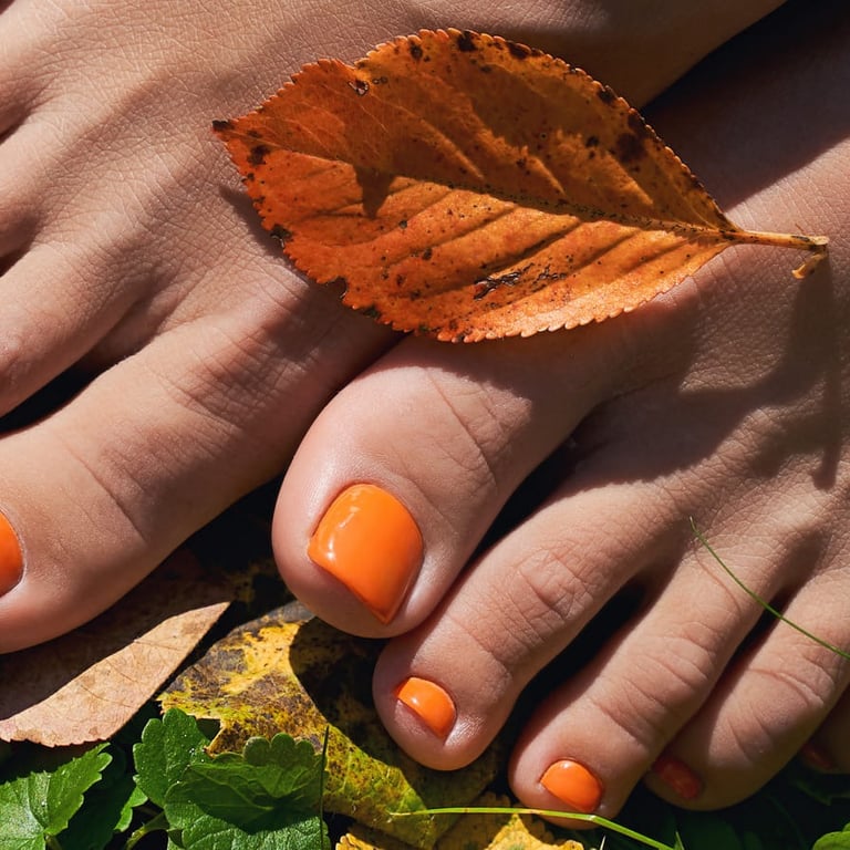 Orange gel pedicure toenails w/ fall leaves in Missoula