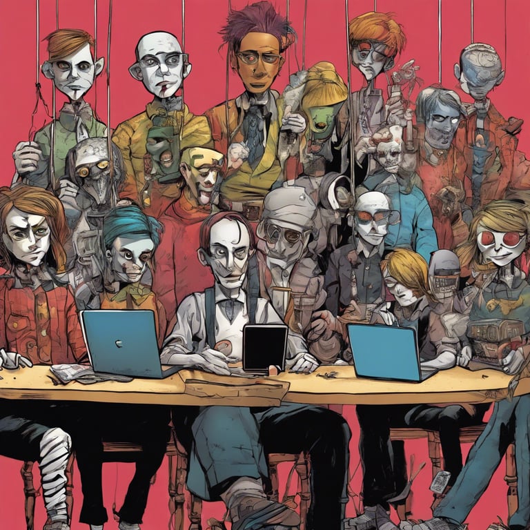 a group of people looking like zombies with puppet strings attached to them with laptops