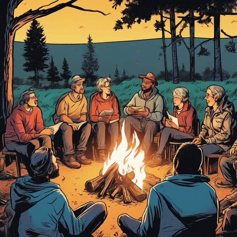 a group of people sitting around a warm campfire sharing stories