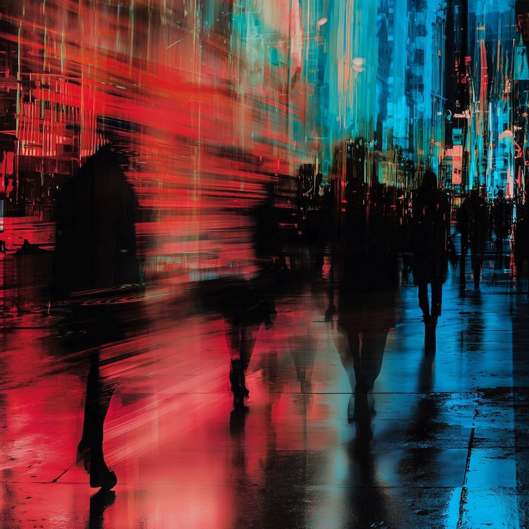Blurry city street scene on a wet night