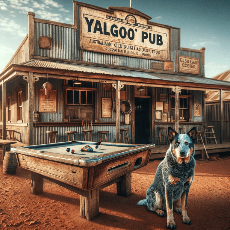 Illustration of an Australian outback pub and a blue heeler dog
