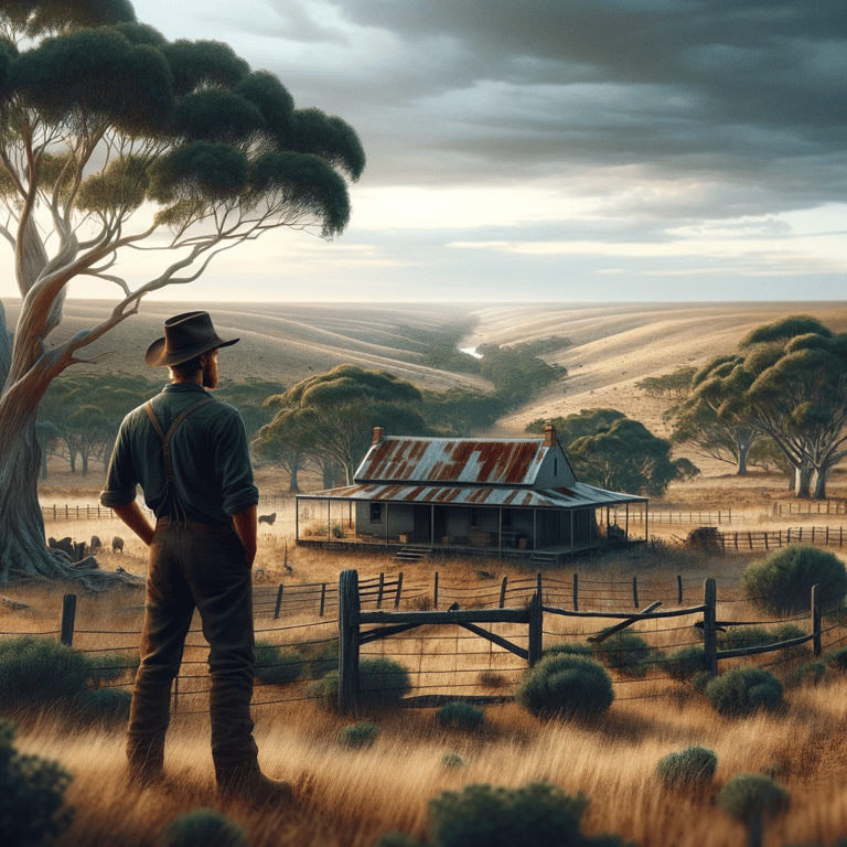 A pioneer Australian farmer proudly surveys his land and homestead