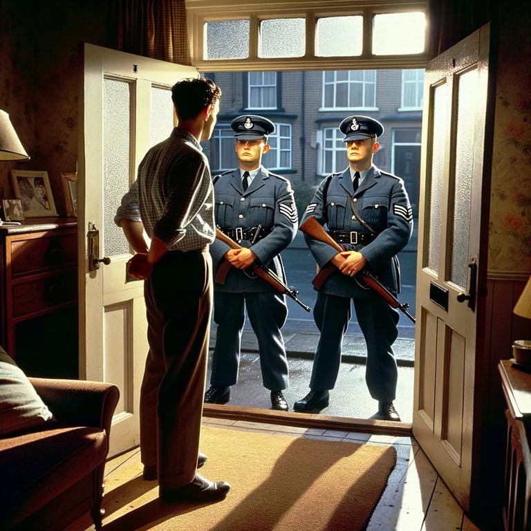RAF Military Police with guns at the door of a man's home