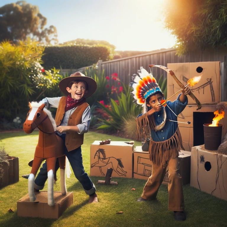 Two young kids playing cowboys and indians