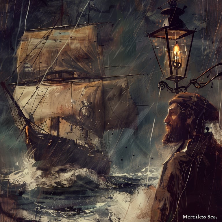A convict vessel heading to Australia in stormy seas from England