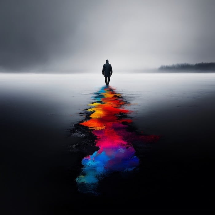A lone figure walking through a vast, desaturated landscape, leaving behind a vibrant, multi-coloured trail of paint or light
