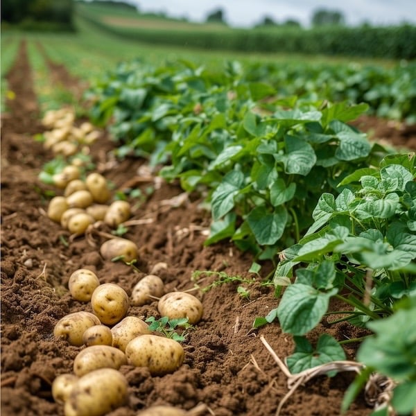New crop of potatoes in the furrow - Peter Pickering's farming days