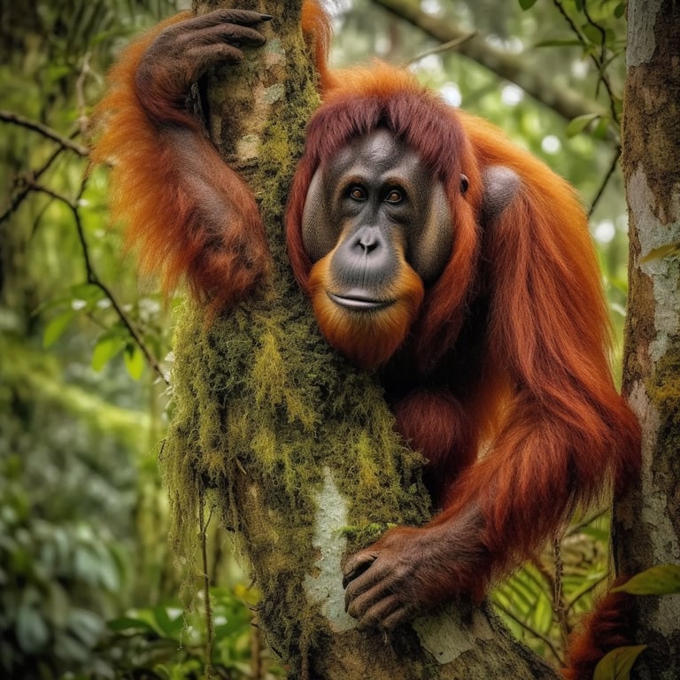 A majestic Sumatran male orang utan in the rainforest