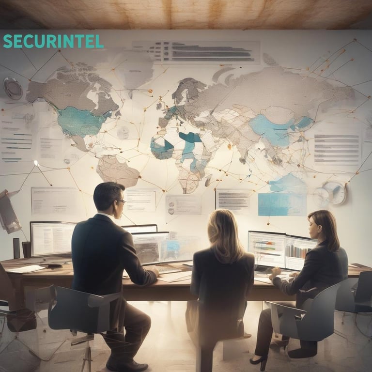 a group of people sitting at a desk with computers in SECURINTEL office