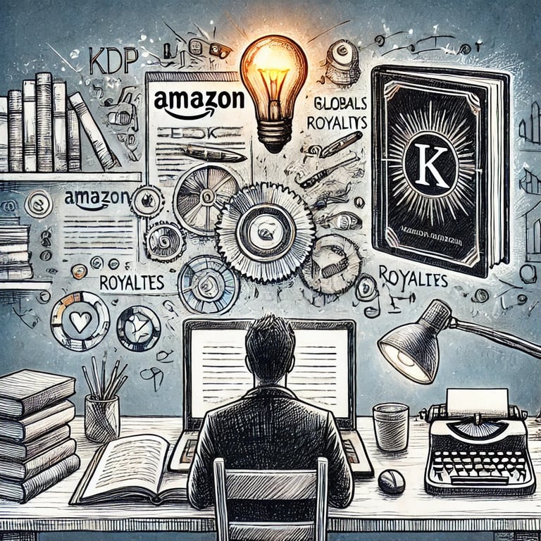 Illustration montrant un auteur travaillant sur un ordinateur affichant l’interface Amazon KDP