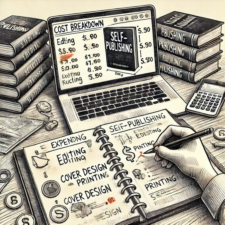 Illustration d’un auteur assis à un bureau, calculant les coûts d’autoédition, entouré d’un tableau 