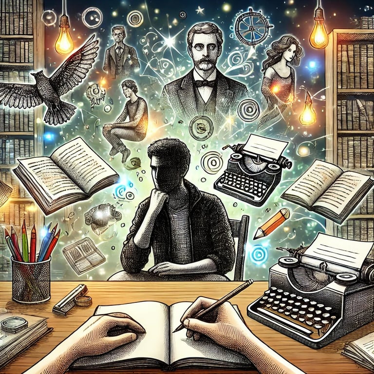 auteur entouré de personnages fictifs et d’éléments créatifs, symbolisant l’imaginaire et la passion