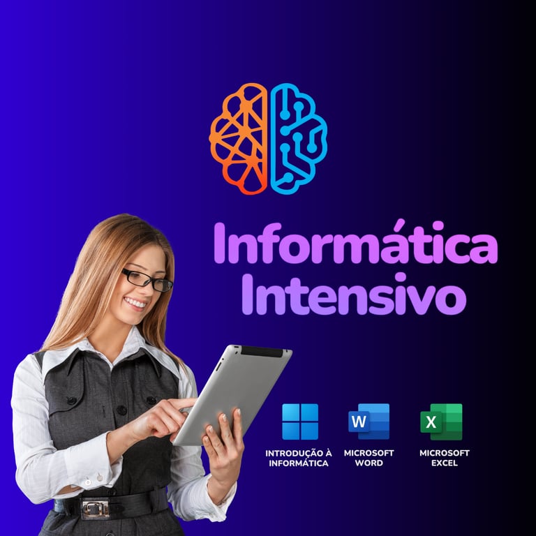 Curso Informática Intensivo: Mulher de cabelo liso e óculos segurando um tablet e alguns logotipos