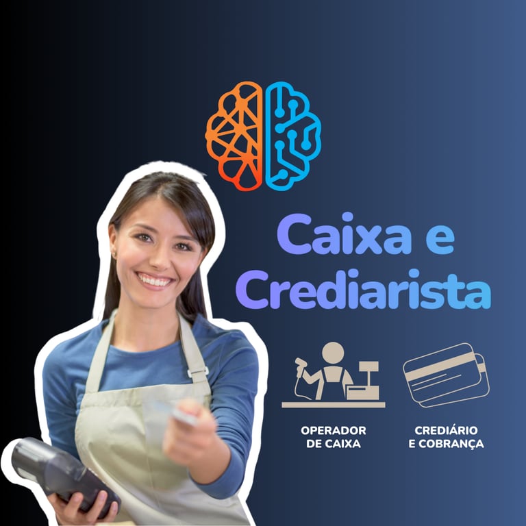 Curso de Operador de Caixa: Imagem em degradê preto c/ cinza c/ título Caixa e Crediarista
