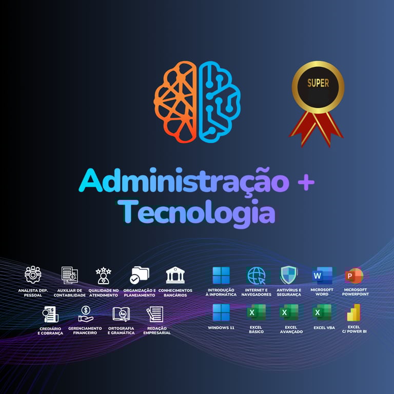 Curso de Administração e Tecnologia: Imagem em degradê com logotipos e título do curso